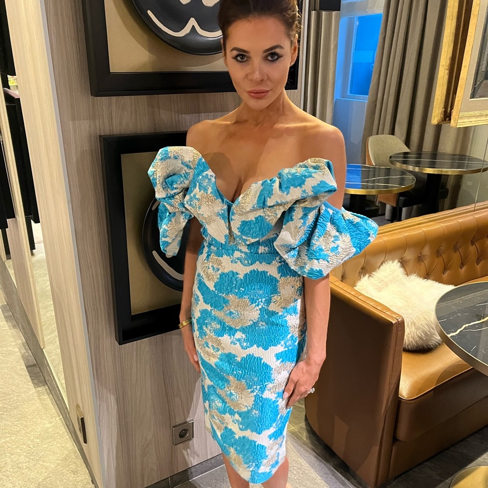 Giselle Jacqard off shoulder blue midi fro. MEW Mew